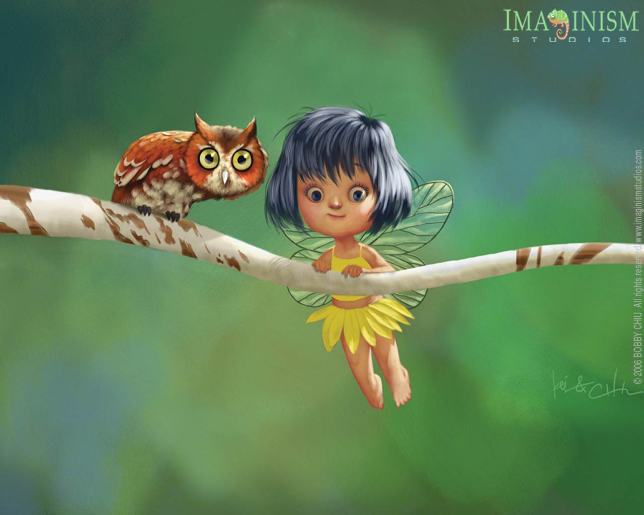 Cute Little Fairy and the Owl Cartoon Wallpaper Funny illustration