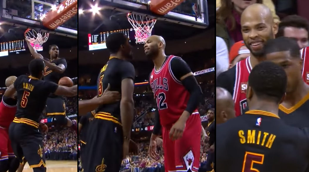 Jr Smith Taj Gibson Get Into A Scuffle After Thompson Dunk