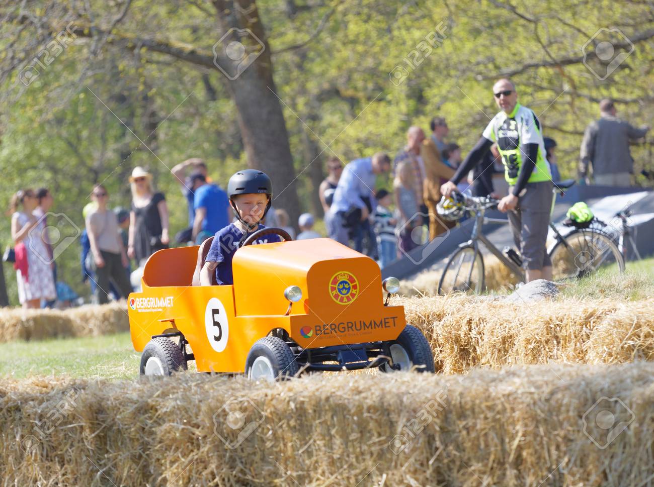 Stockholm Sweden May Boy Driving A Home Made Soapbox