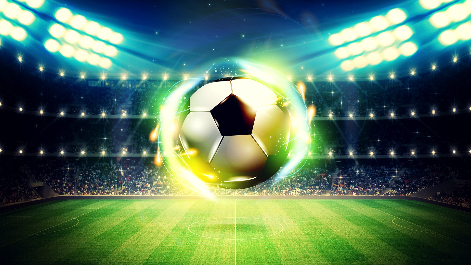 A soccer ball glowing with energy, hovering over a vibrant green field in a packed stadium under bright lights