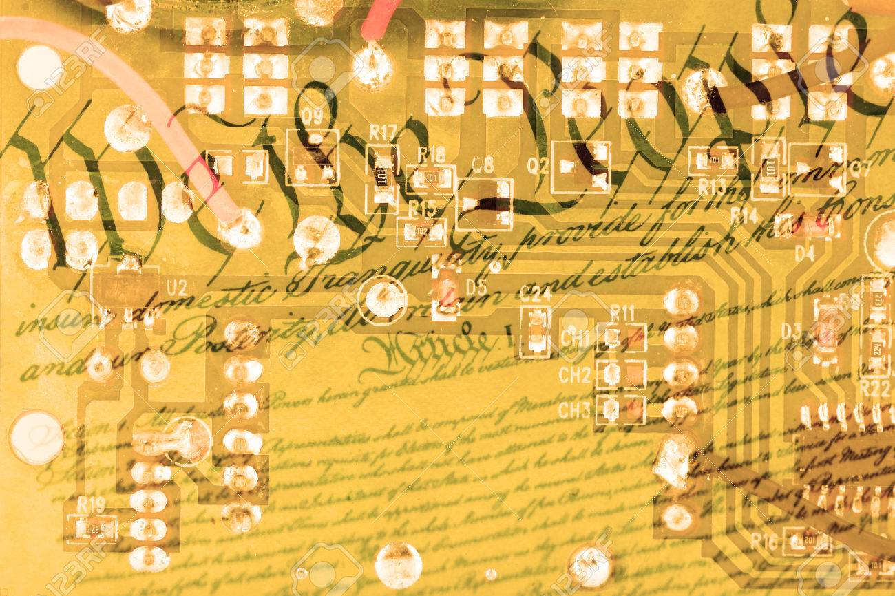 Double Exposure Circuit Board With Us Constitution Background