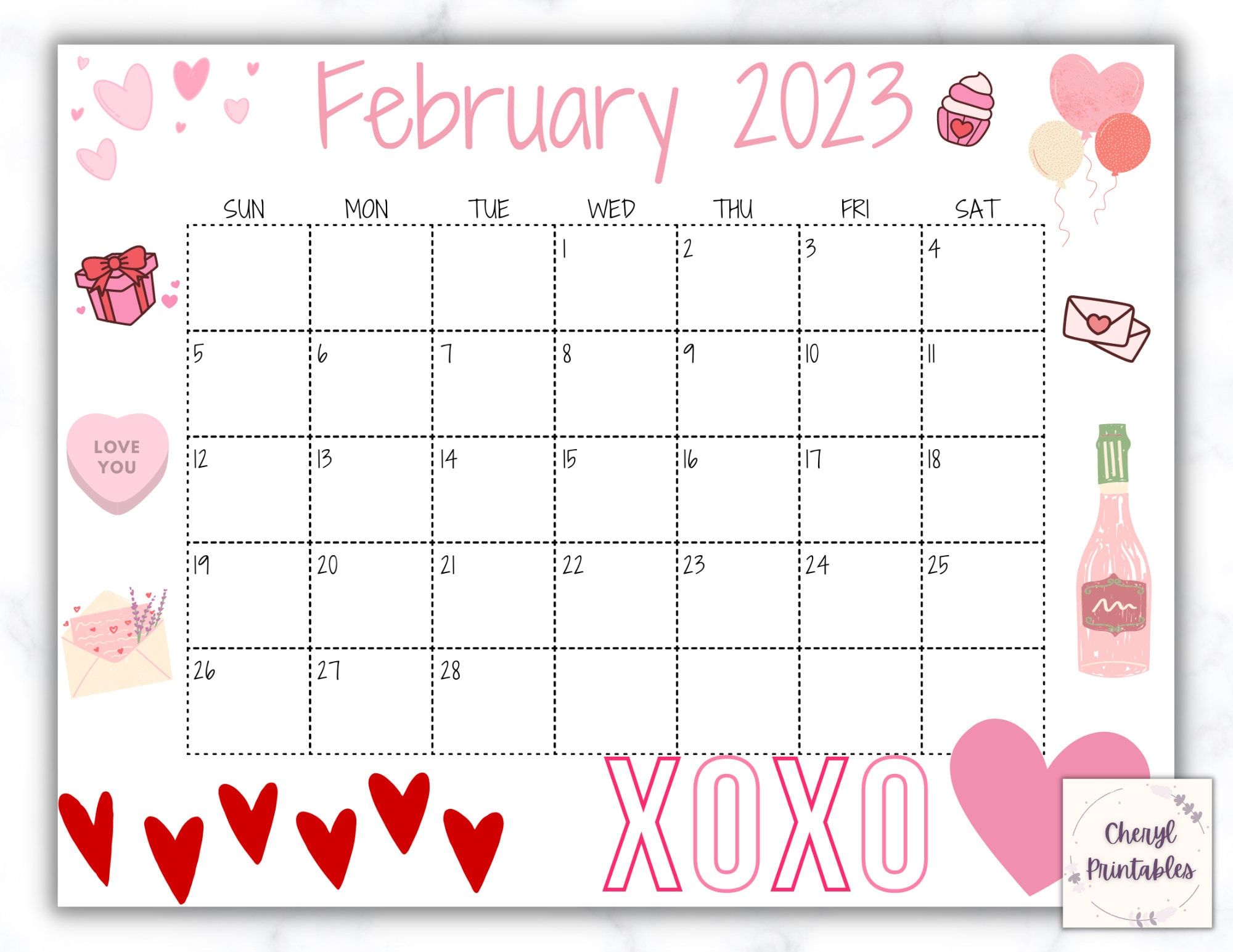 February 2023 calendar with Valentine's Day theme