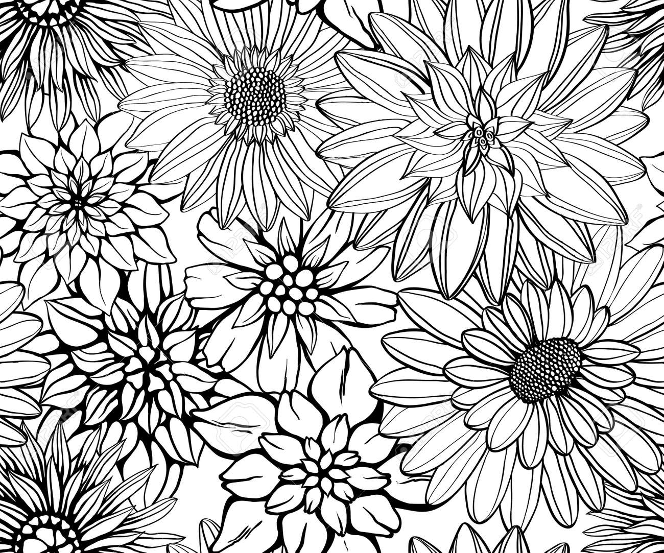 Hand Drawn Floral Wallpaper With Set Of Different Flowers Royalty