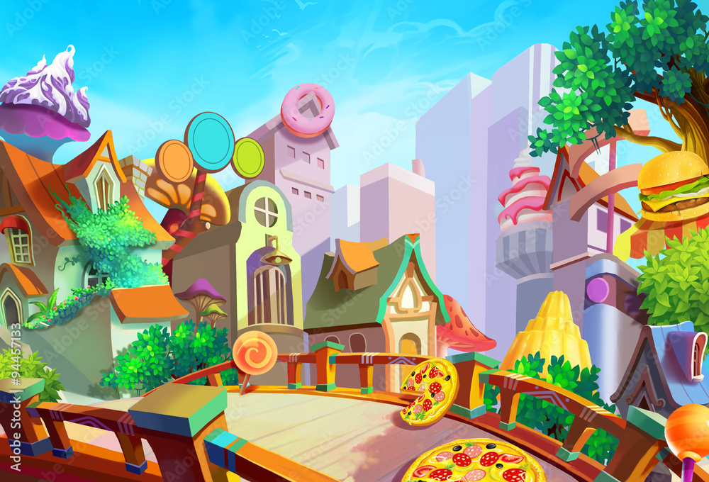Illustration A Beautiful Town With Food Falling From Sky In The