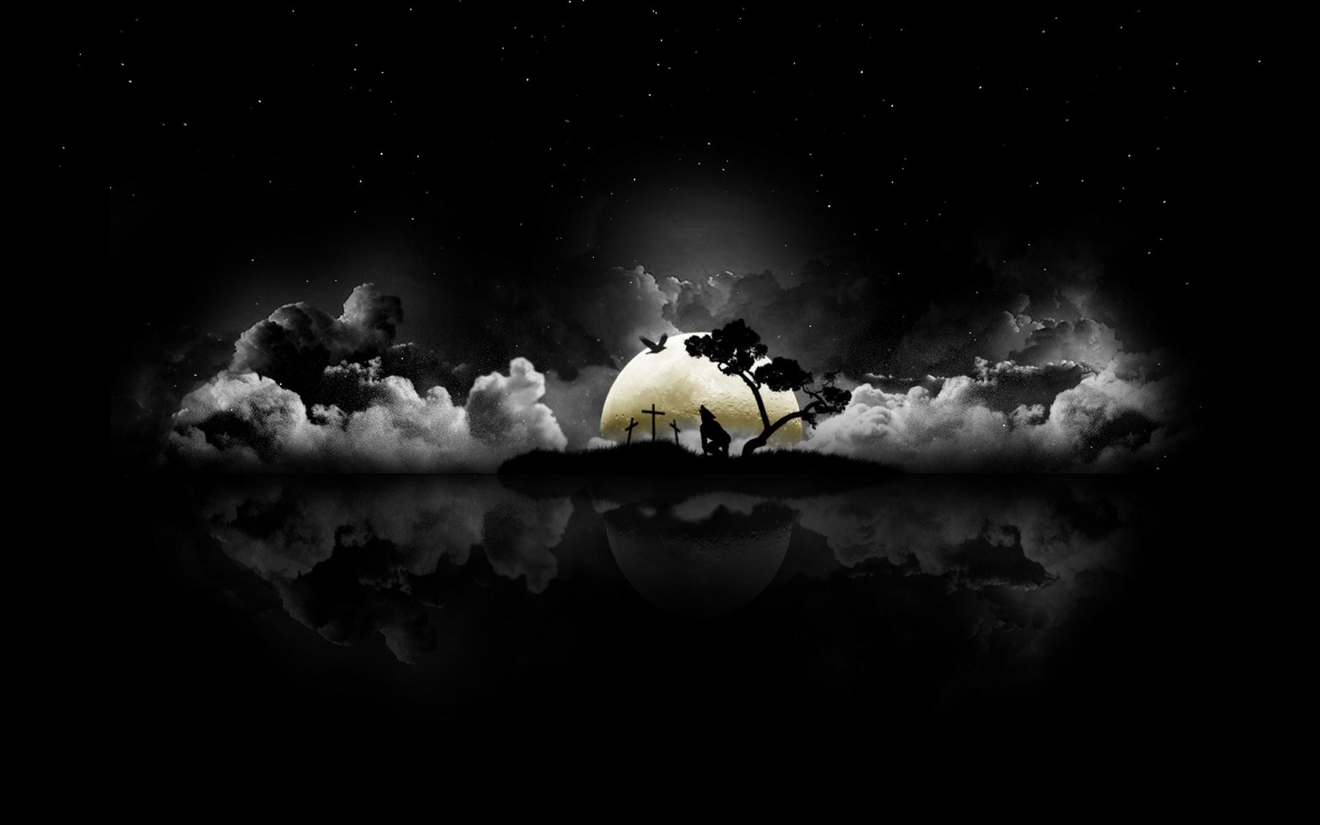 A dark and moody 4k wallpaper featuring a wolf howling at the moon in a graveyard, reflected in a still body of water