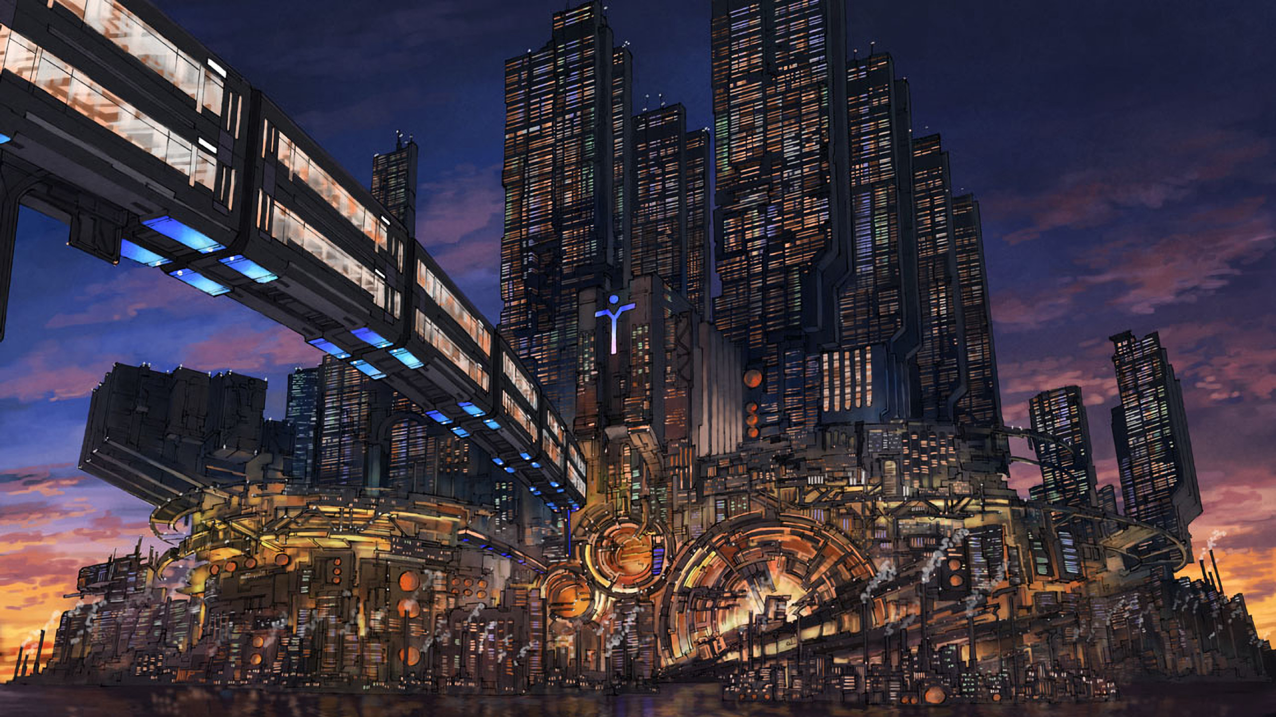 A sprawling cyberpunk city at sunset, with towering skyscrapers, interconnected walkways, and industrial elements
