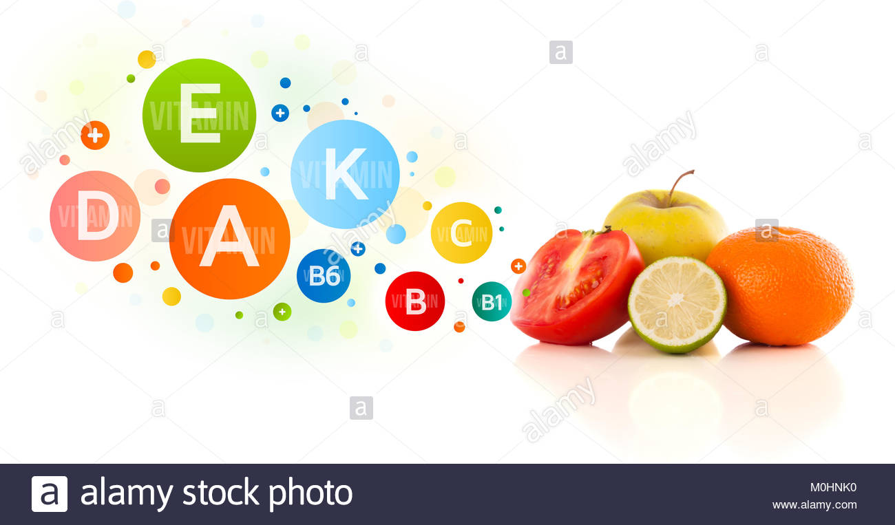 Healthy Fruits With Colorful Vitamin Symbols On White Background