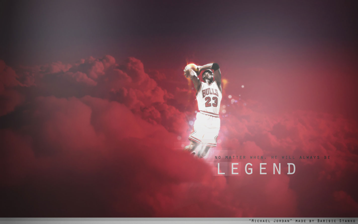 Michael Jordan soaring through the air in a Chicago Bulls jersey, performing a layup against a dramatic red sky backdrop. Text reads: 'No matter when, he will always be Legend.'