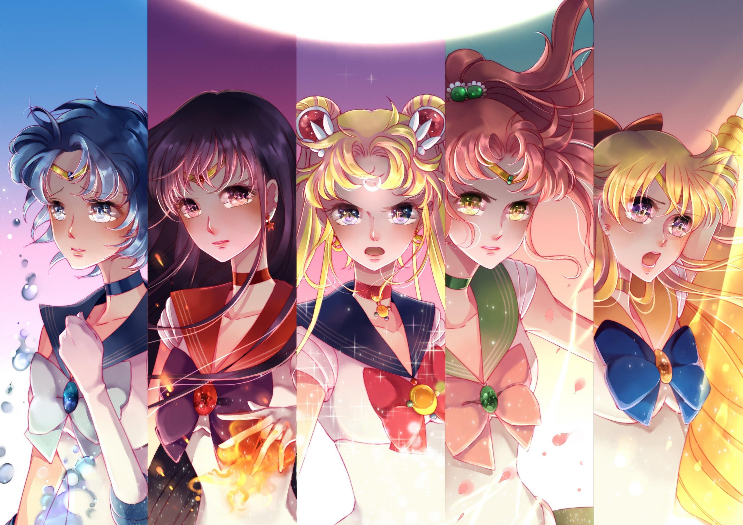 A vibrant illustration featuring the main Sailor Guardians from Sailor Moon: Sailor Mercury, Sailor Mars, Sailor Moon, Sailor Jupiter, and Sailor Venus. They stand side by side, each displaying their unique powers and personalities
