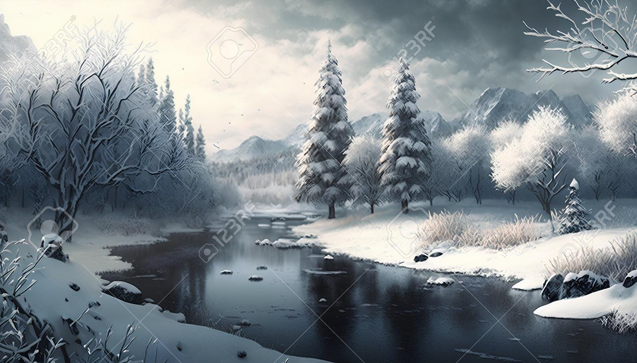 Winter Landscape With Frozen River And Snowy Trees Filtered Image