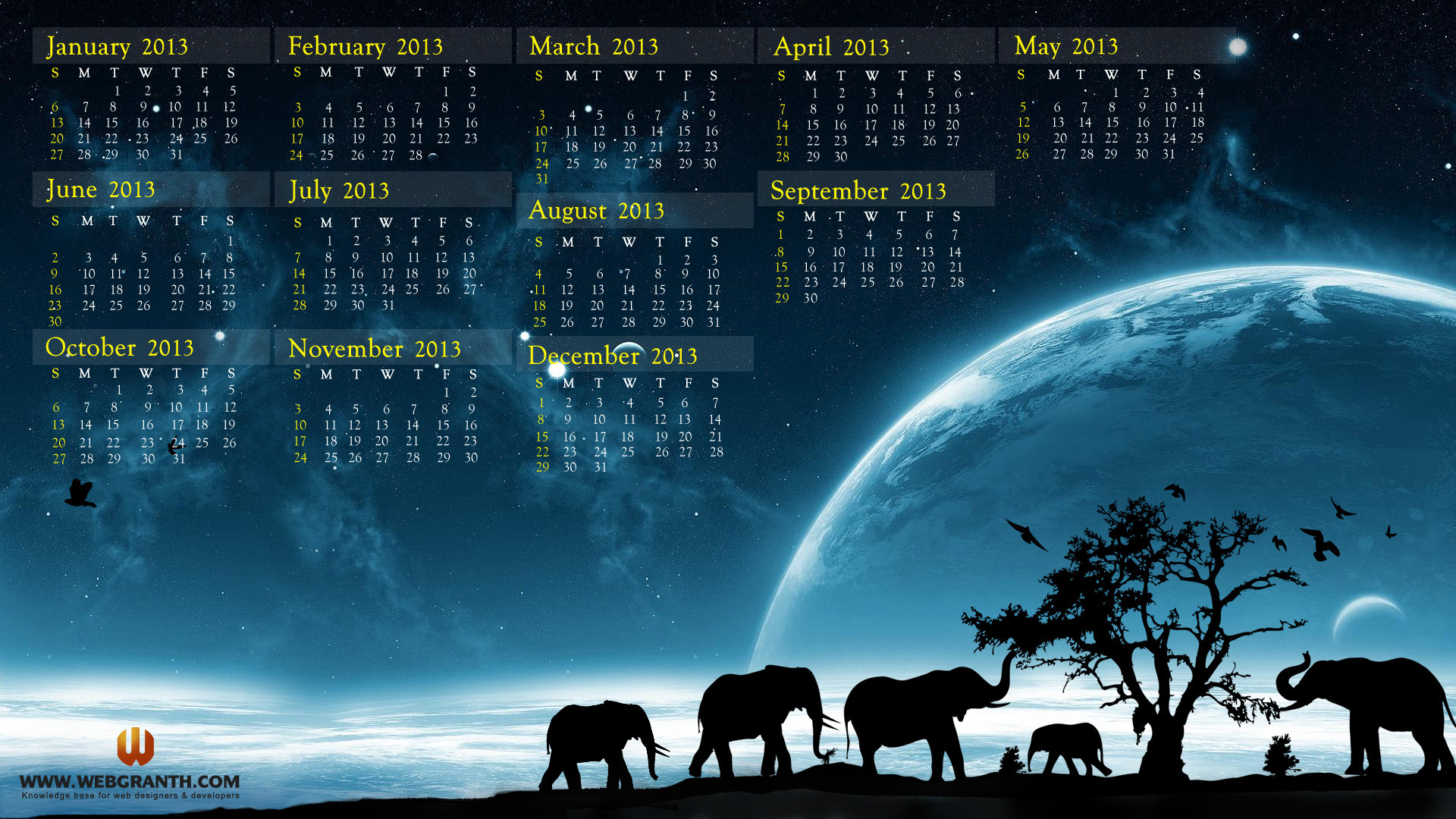 2013 Calendar with a scenic backdrop of elephants, a tree, birds, and planets