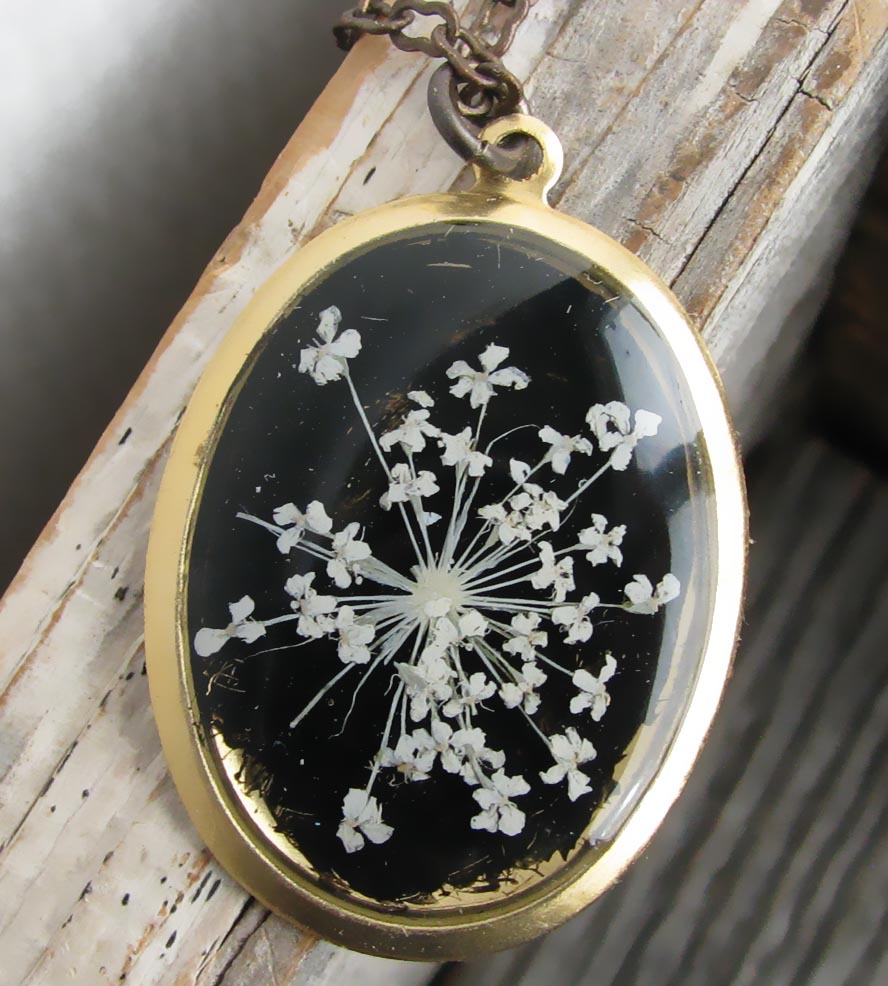 Queen Anne S Lace Pressed Flower Necklace Black Background