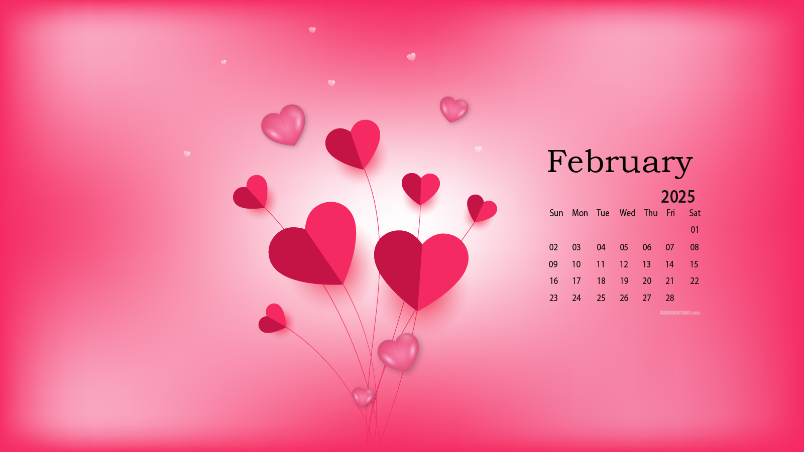 February 2025 calendar wallpaper with a romantic pink background and heart-shaped decorations