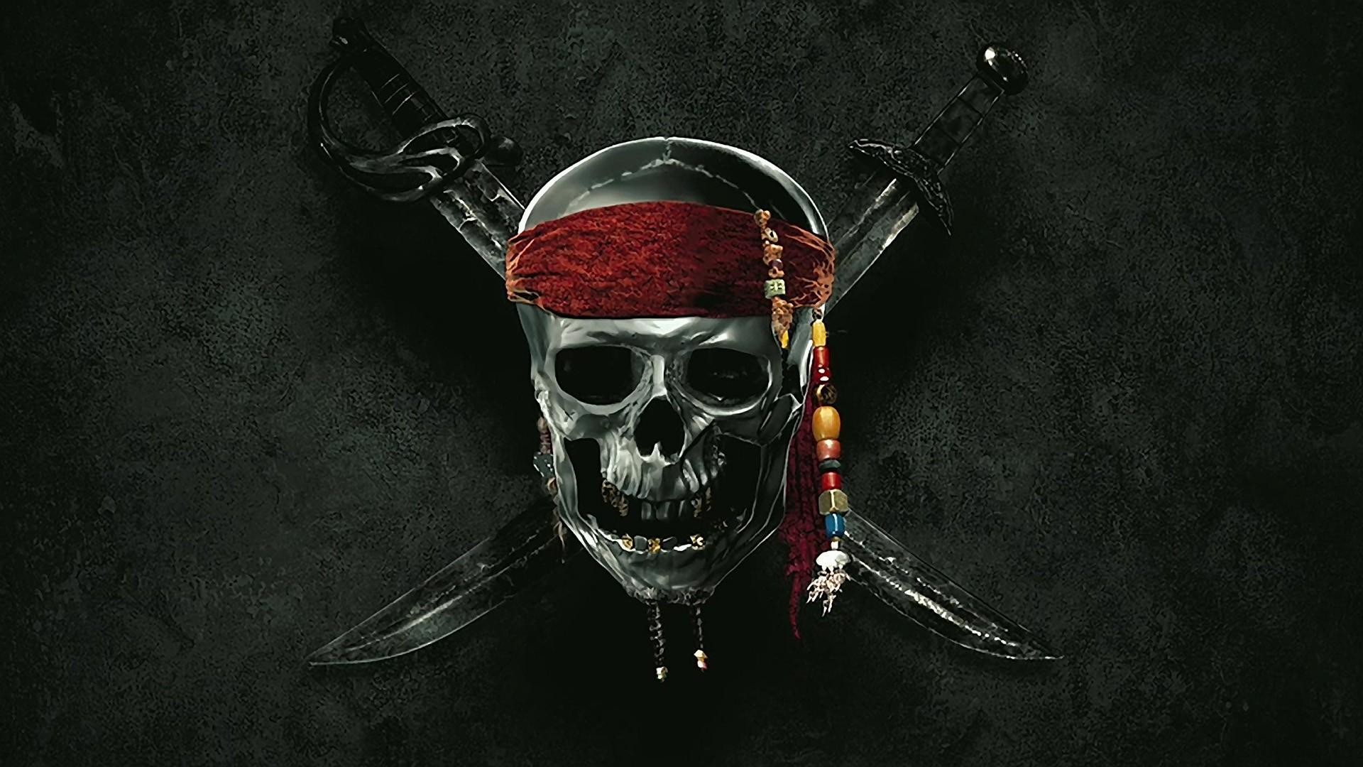 A stylized skull with a red bandana, gold teeth, and beaded dreadlocks, crossed by two swords against a dark, textured background. This evokes the imagery of pirates and adventure
