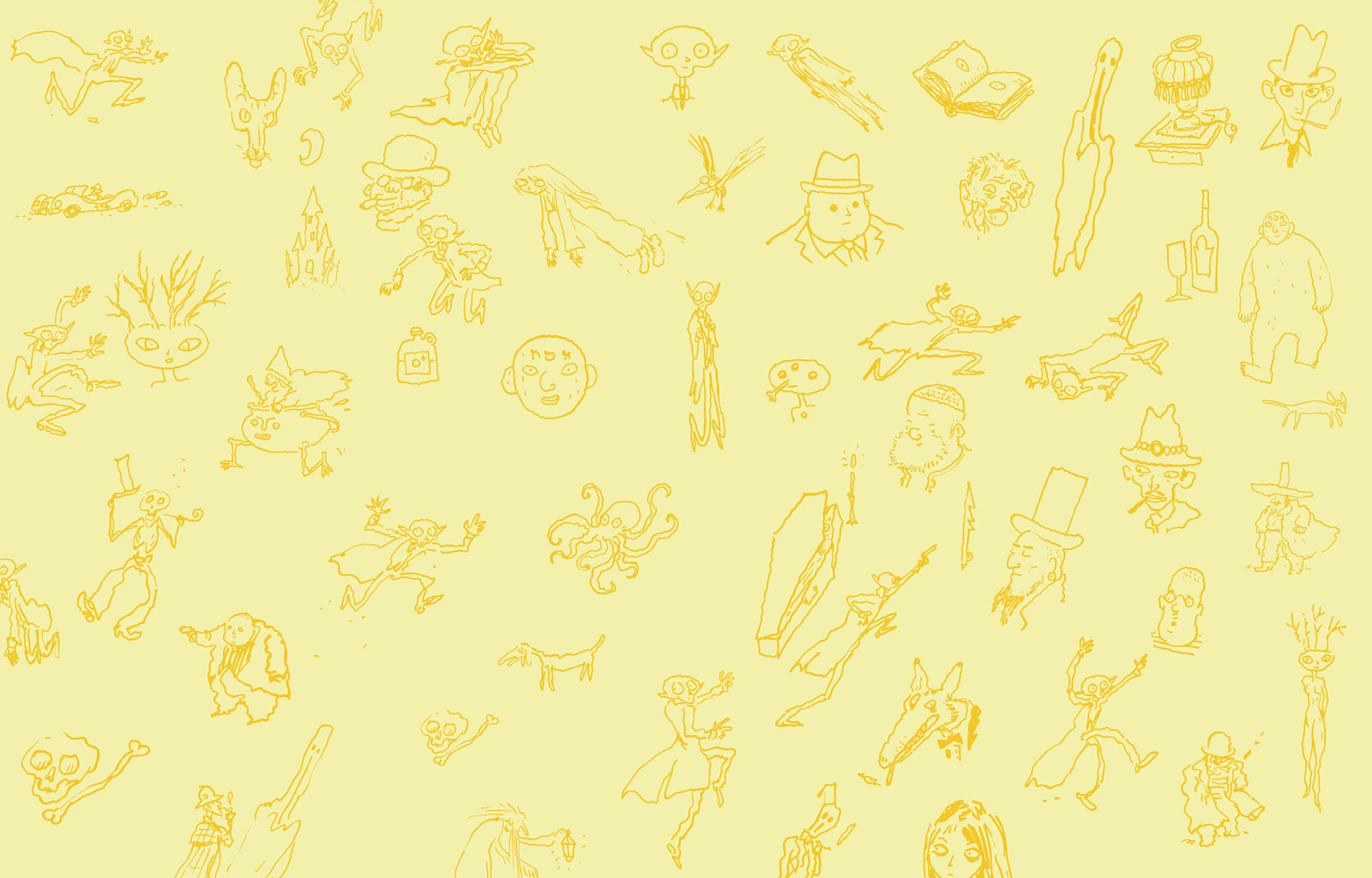 Whimsical pattern of yellow line-drawn doodles on a pale yellow background, including various odd characters, creatures, and objects