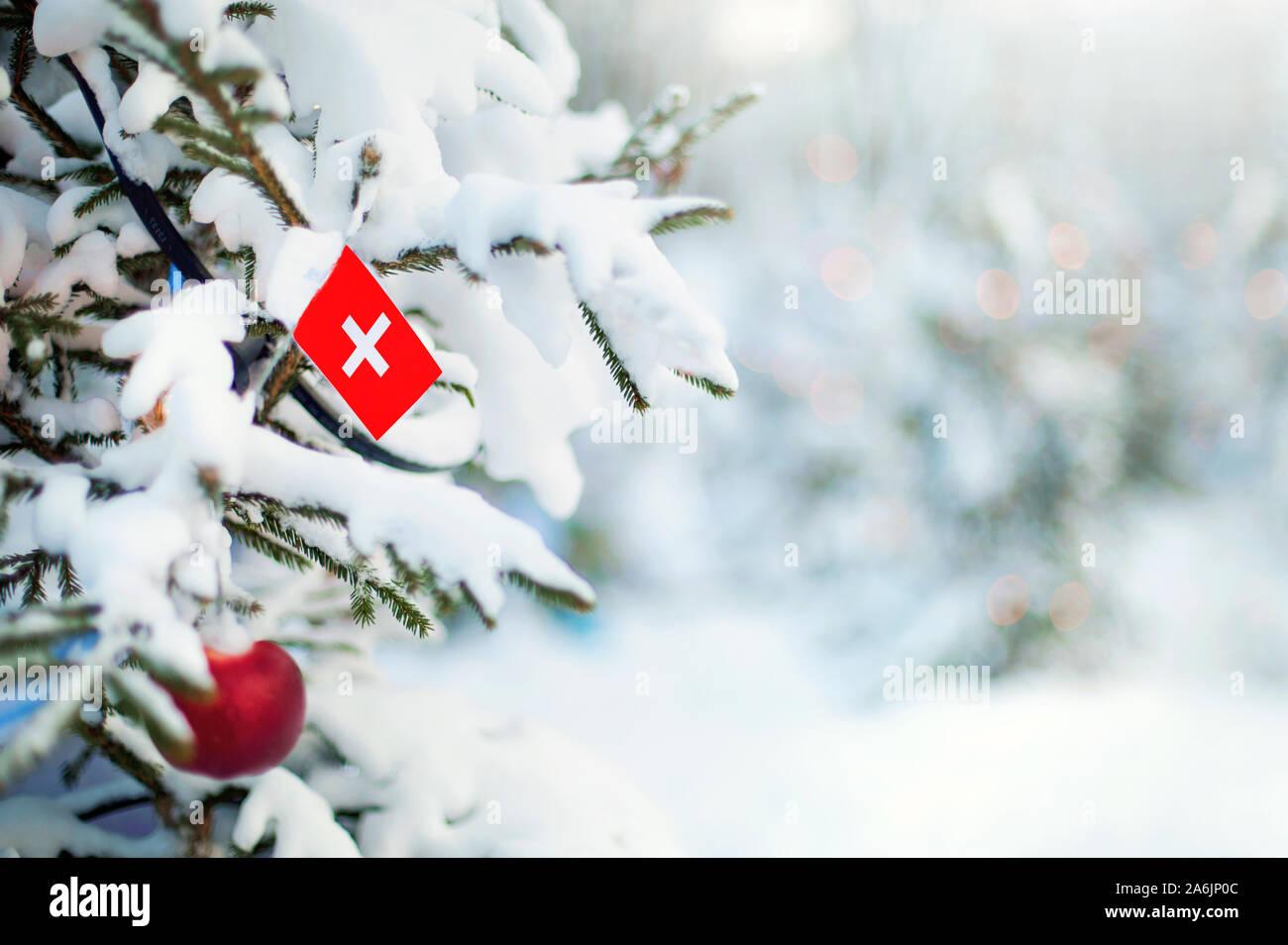 Christmas Switzerland Xmas Tree Covered With Snow Decorations