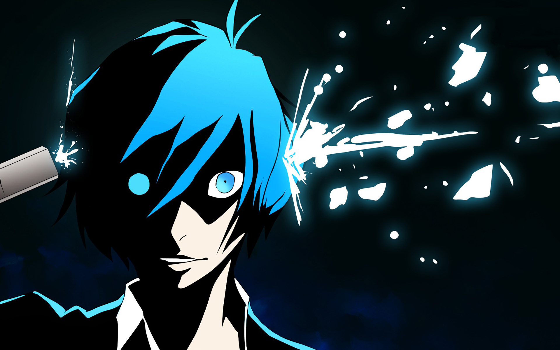 A stylized anime character with bright blue hair is shown in profile, a gun pointed at their head, with a splash of white emanating from the point of contact, against a dark background