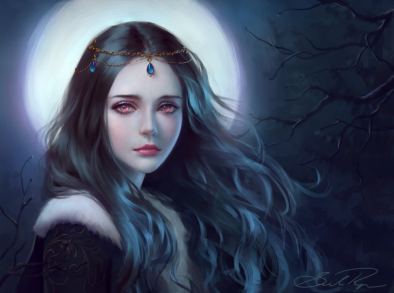 Moonlight tree girl fantasy face red eyes princess long
