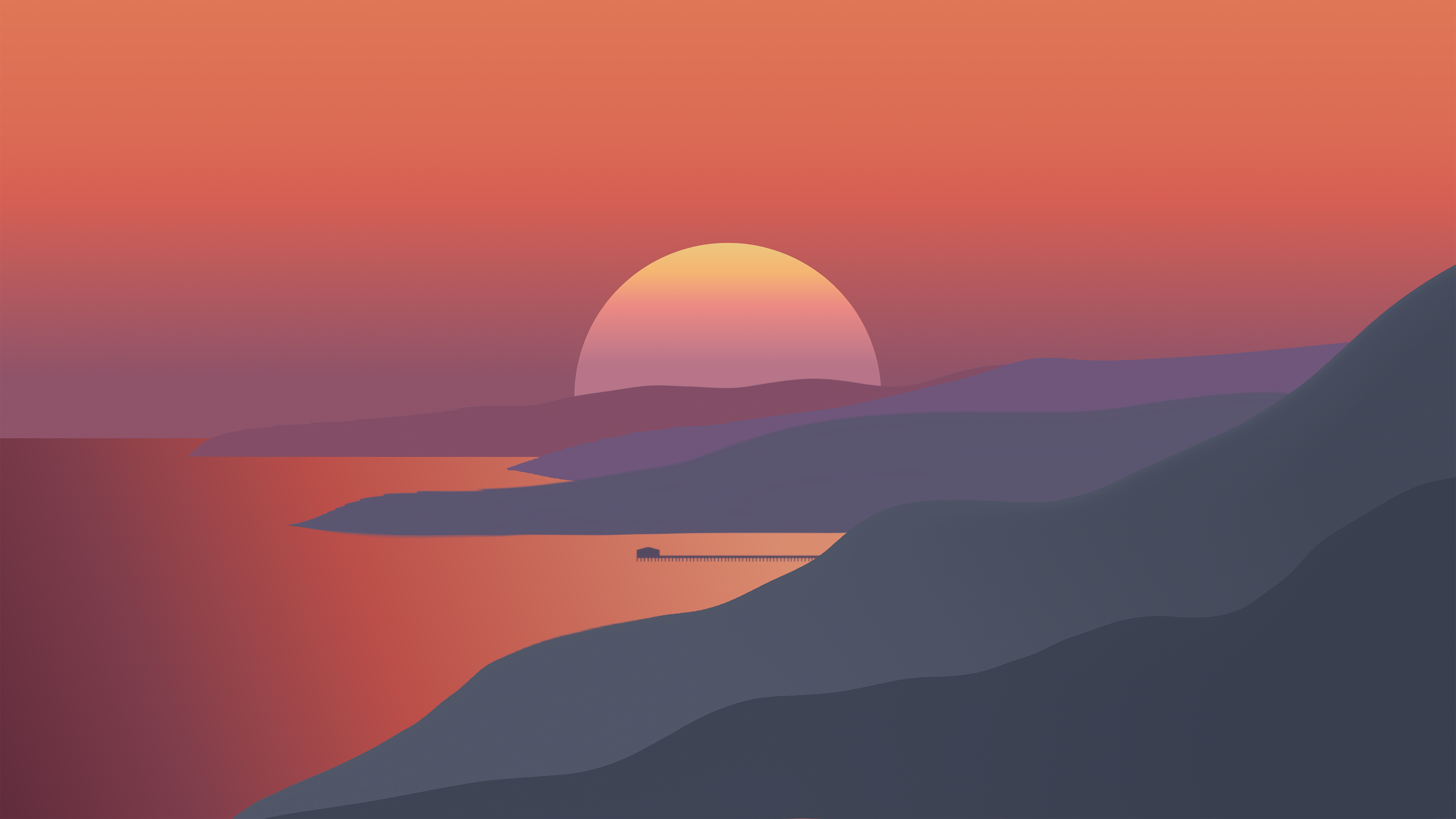 Minimalist vector art of a sunset over the ocean with rolling hills in the foreground