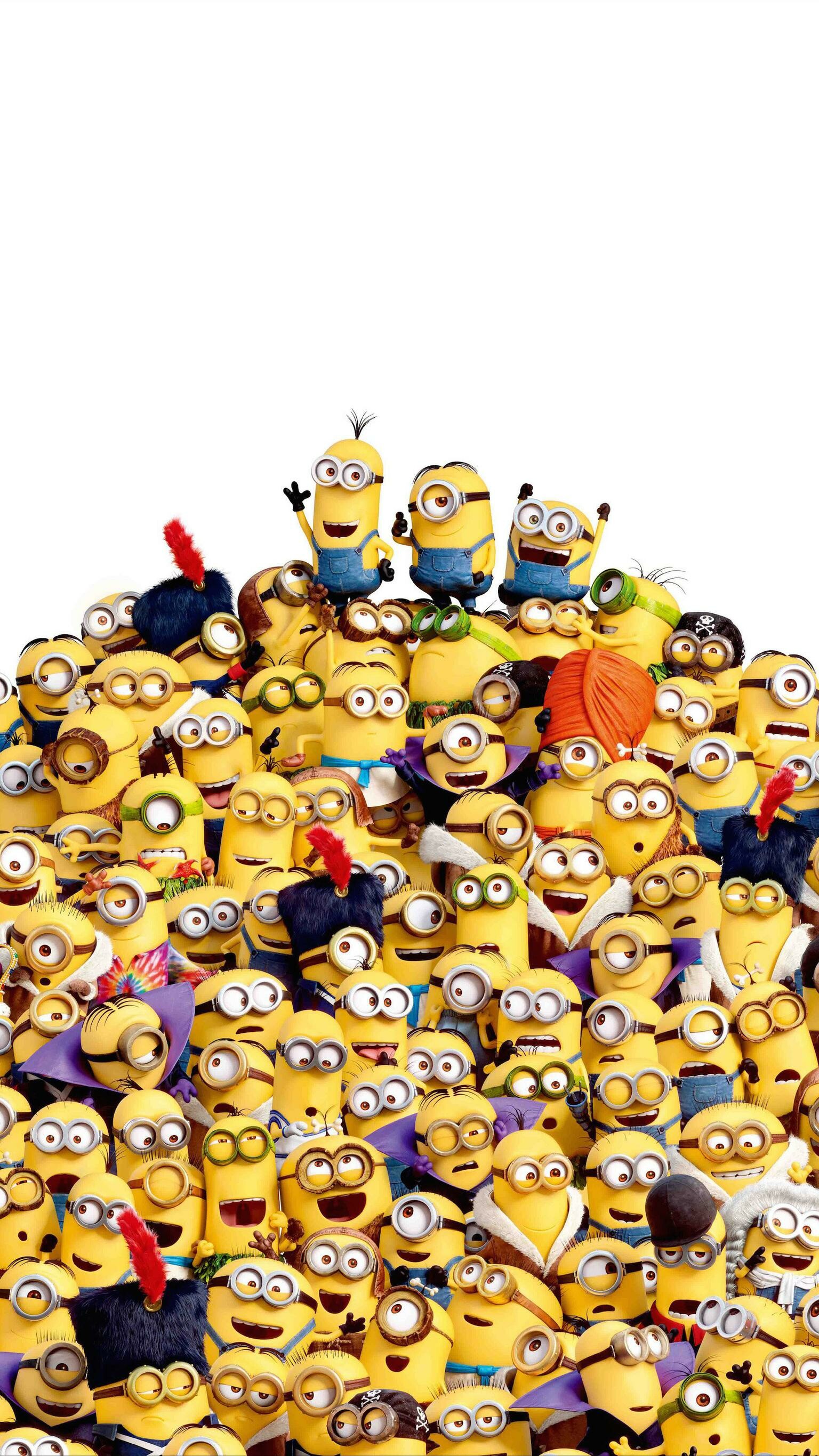 A large group of Minions from the Despicable Me franchise fill the frame, dressed in various outfits and accessories
