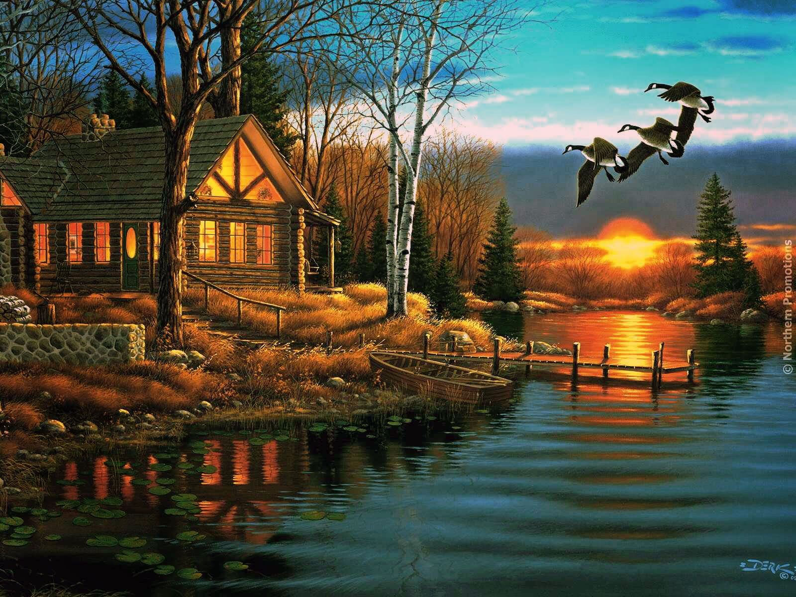 At Lake Base Boat Cabin Cottage Evening Flying Geese Painting