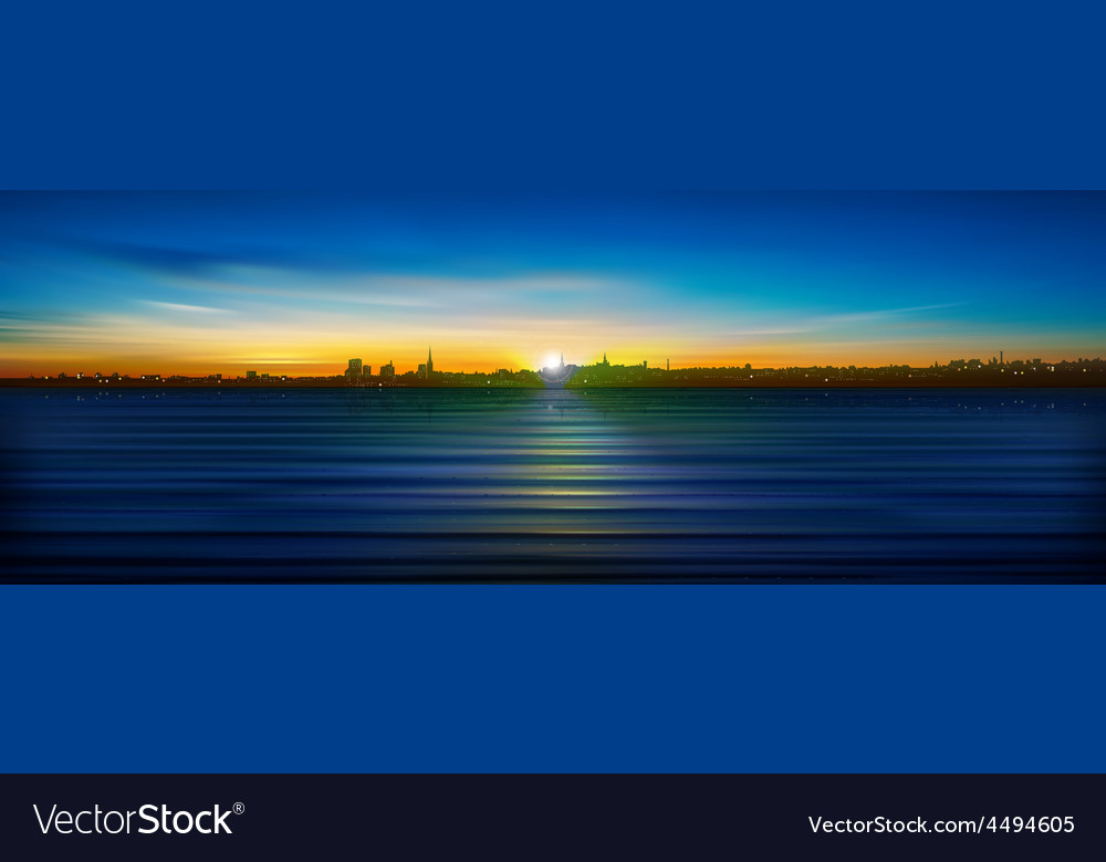 Abstract Blue Sunrise Background With Silhouette Vector Image