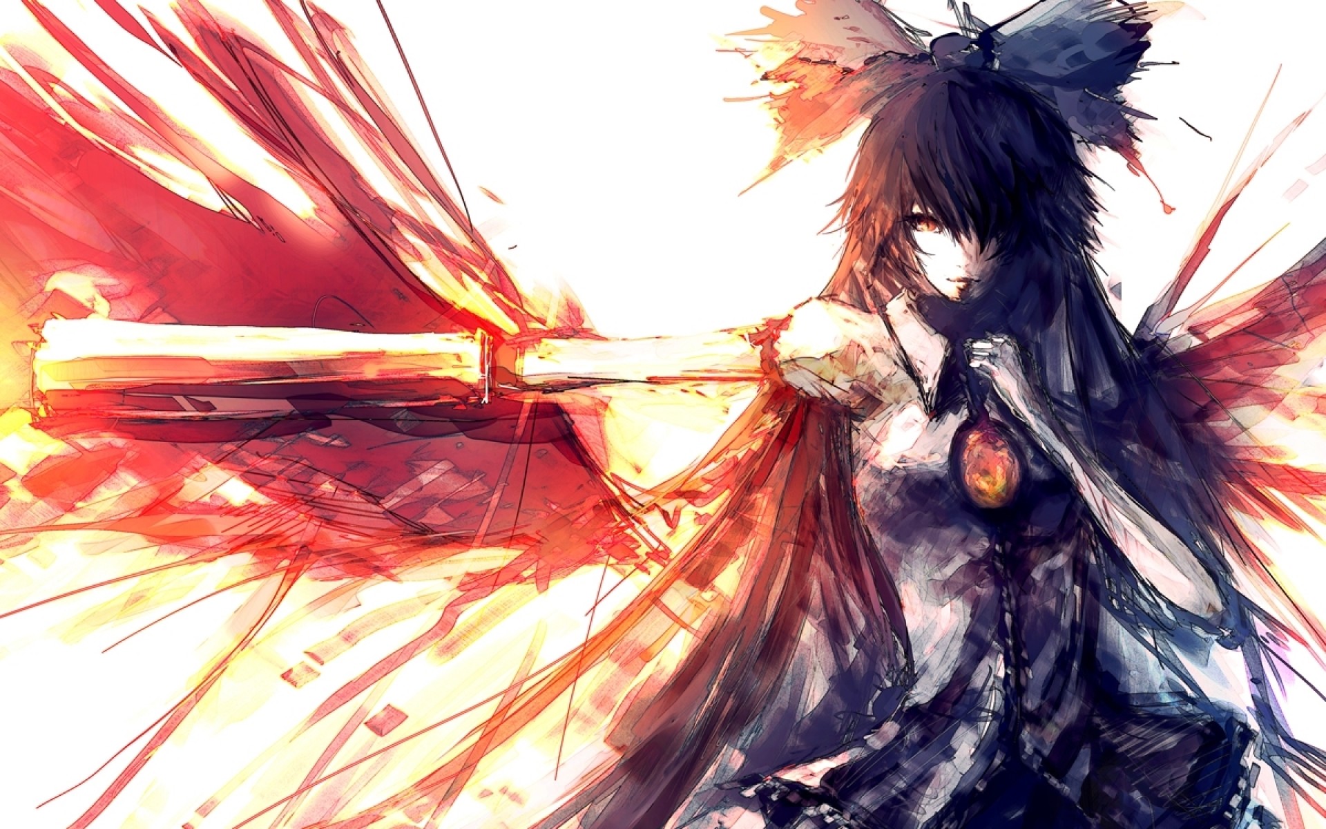 Anime girl with dark hair and a large bow firing a large weapon with fiery wings in the background