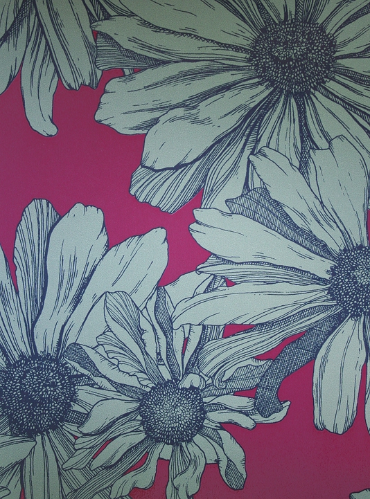Contemporary Floral Wallpaper Featuring Grey Flowers On A Bold Fuchsia