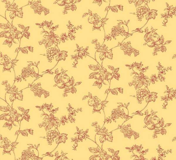 Wallpaper By The Yard Red Yellow Country French Vining Fruit Toile Apt