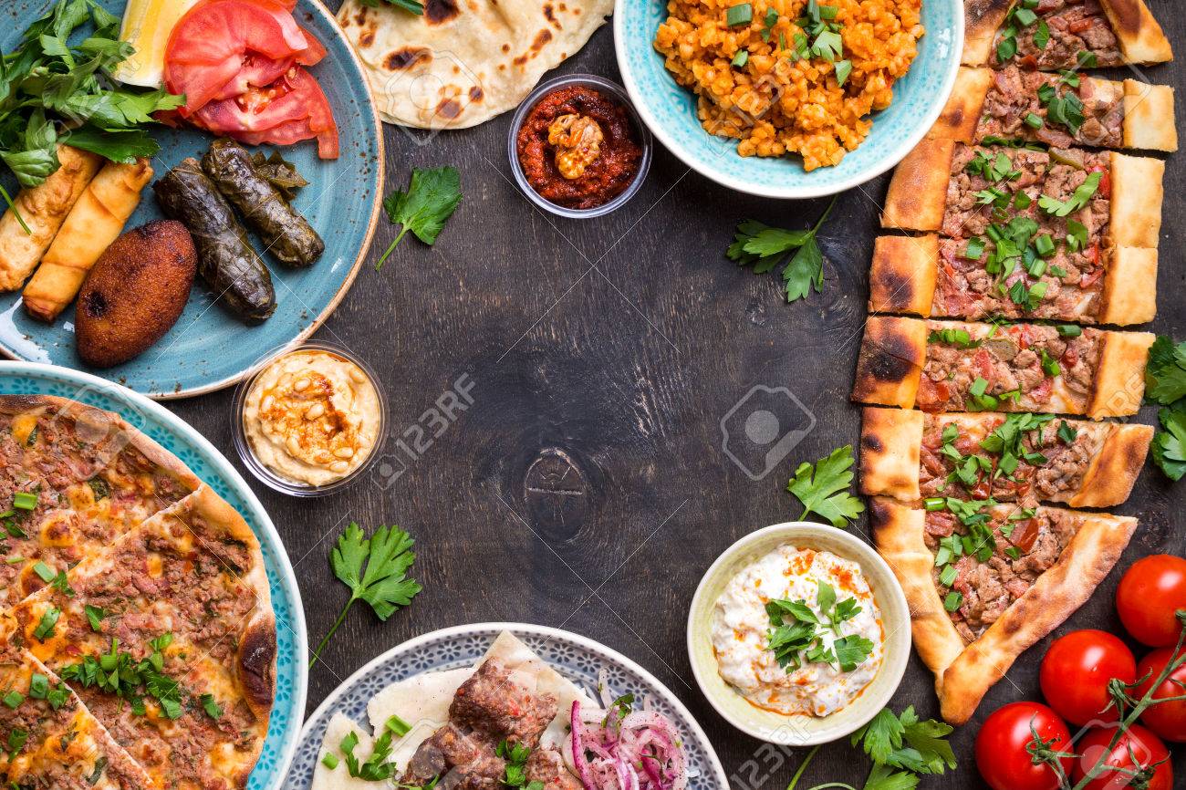 Traditional Assorted Turkish Dishes Background Pizza