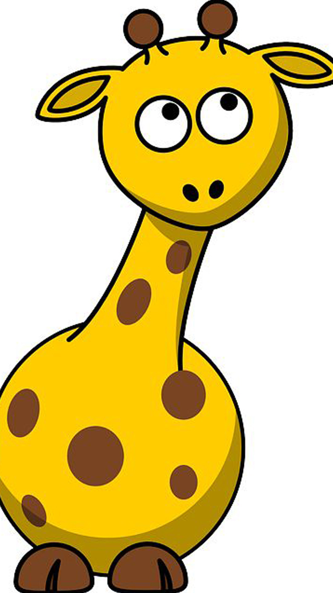 A cute cartoon giraffe with wide eyes and a surprised expression. Its yellow body is covered in brown spots, and it has small brown hooves
