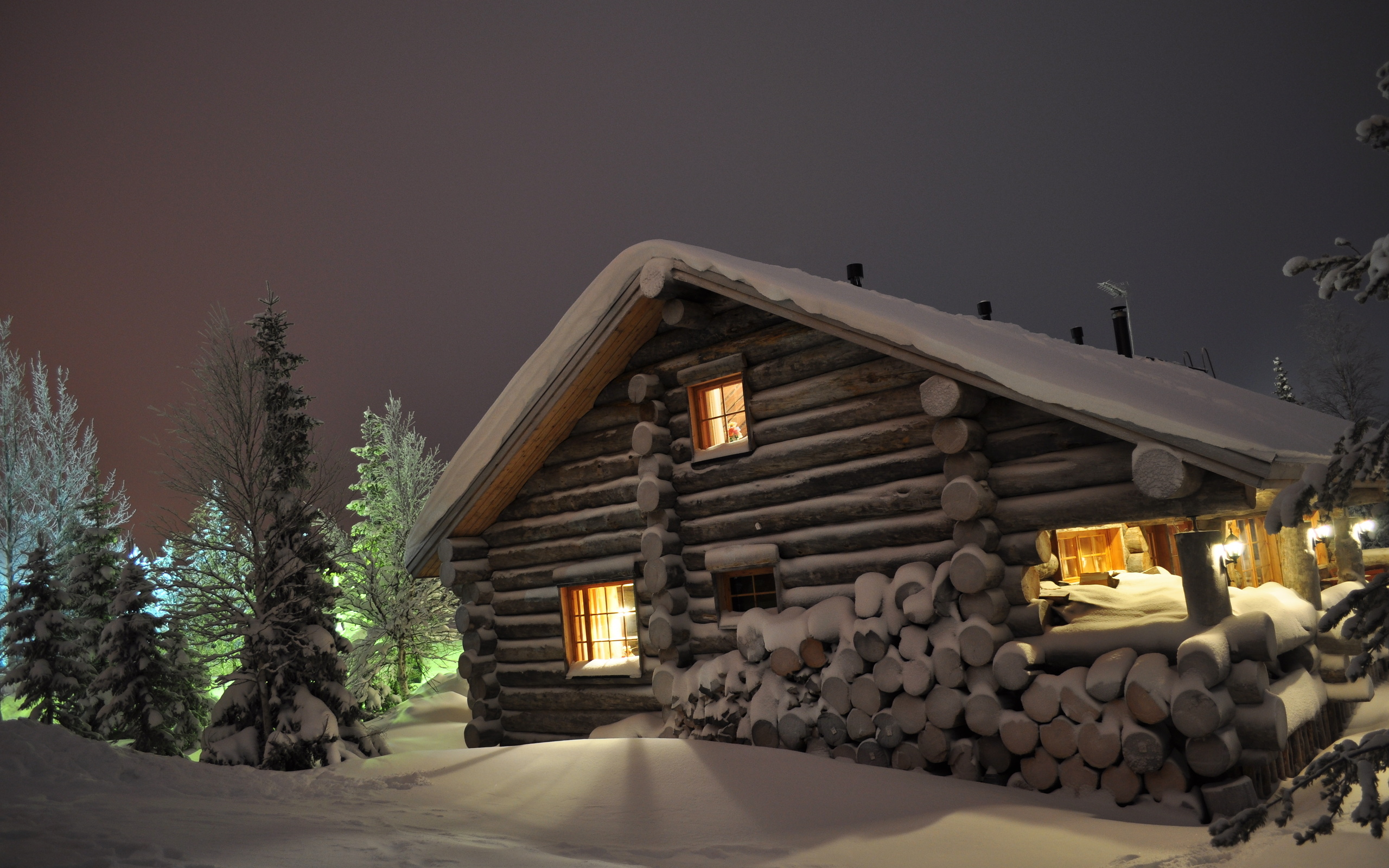 Wallpaper Winter Snow Drifts Log Cabin Wood Night Eating