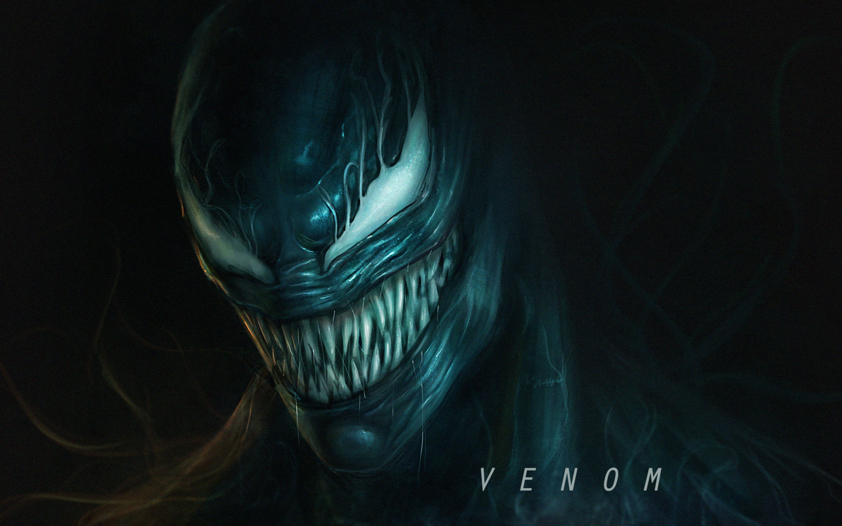 Close-up of Venom's menacing face, showcasing sharp teeth and a sinister grin, against a dark background. From Venom Wallpapers