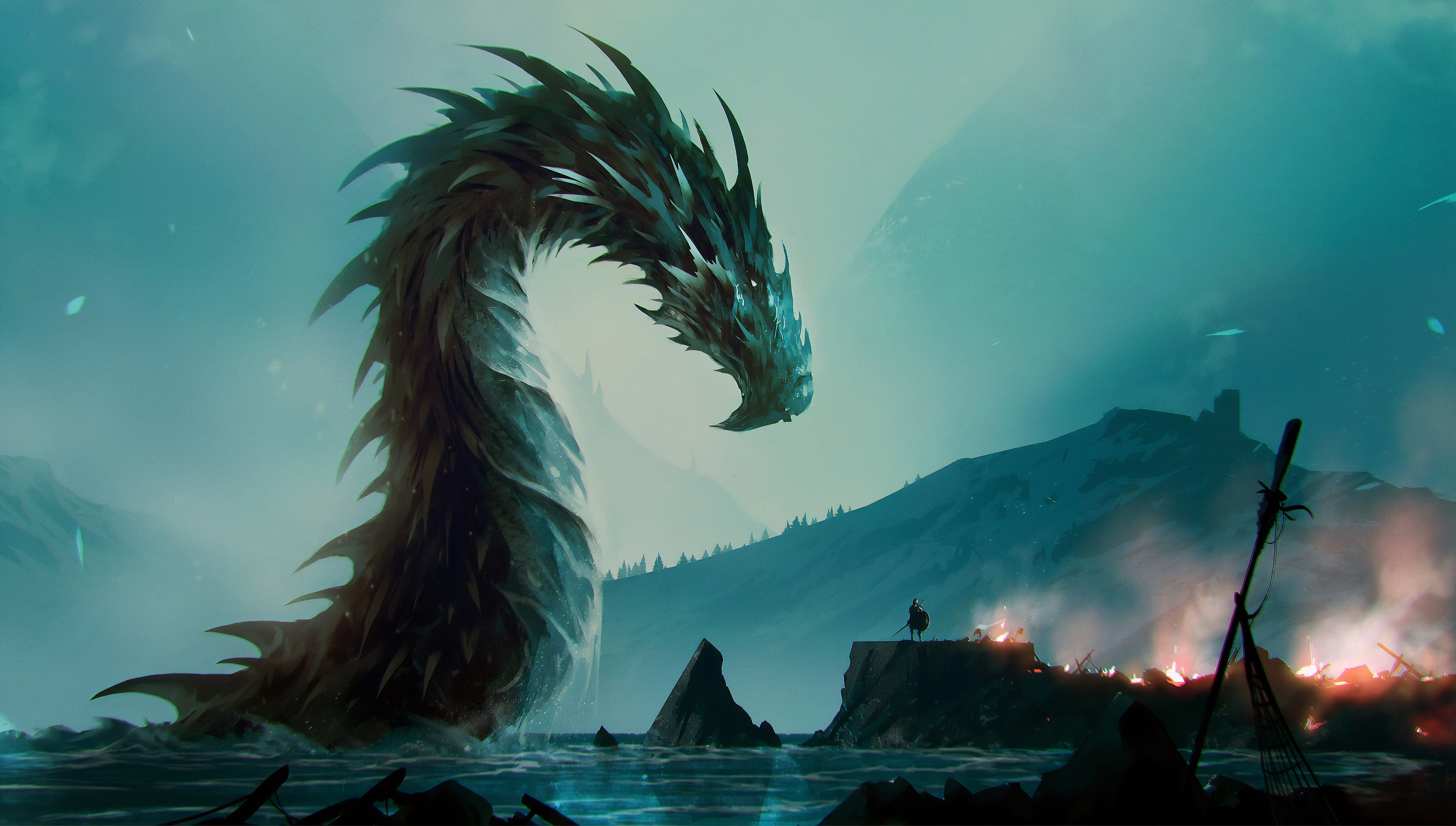 A colossal, dark, spiky dragon emerges from a teal-colored body of water, confronting a lone warrior amidst a fiery battlefield on a rocky shore. The scene evokes an epic, fantastical battle
