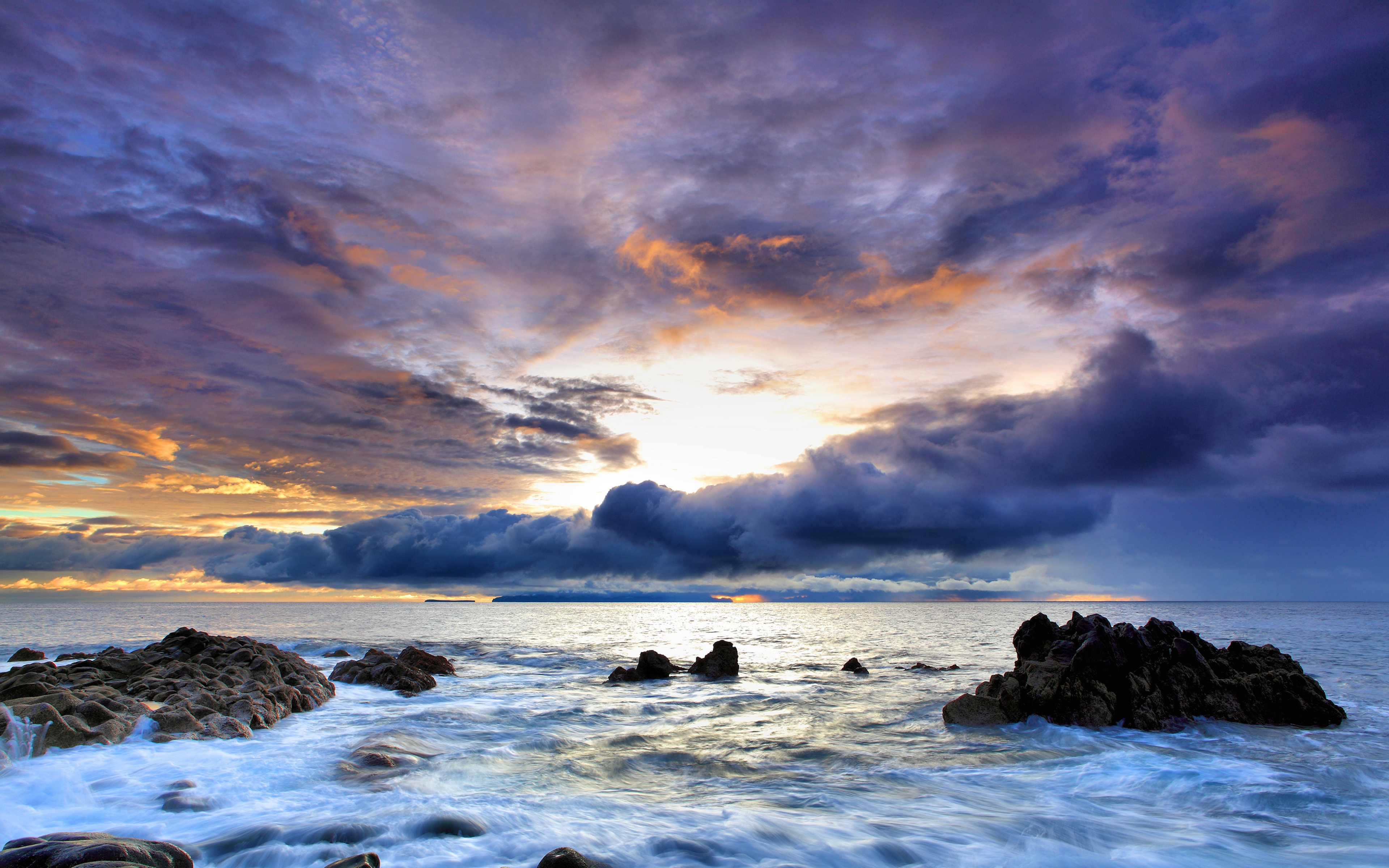  Sea Water Cloudy Stones Sky Wallpaper Background Ultra HD 4K