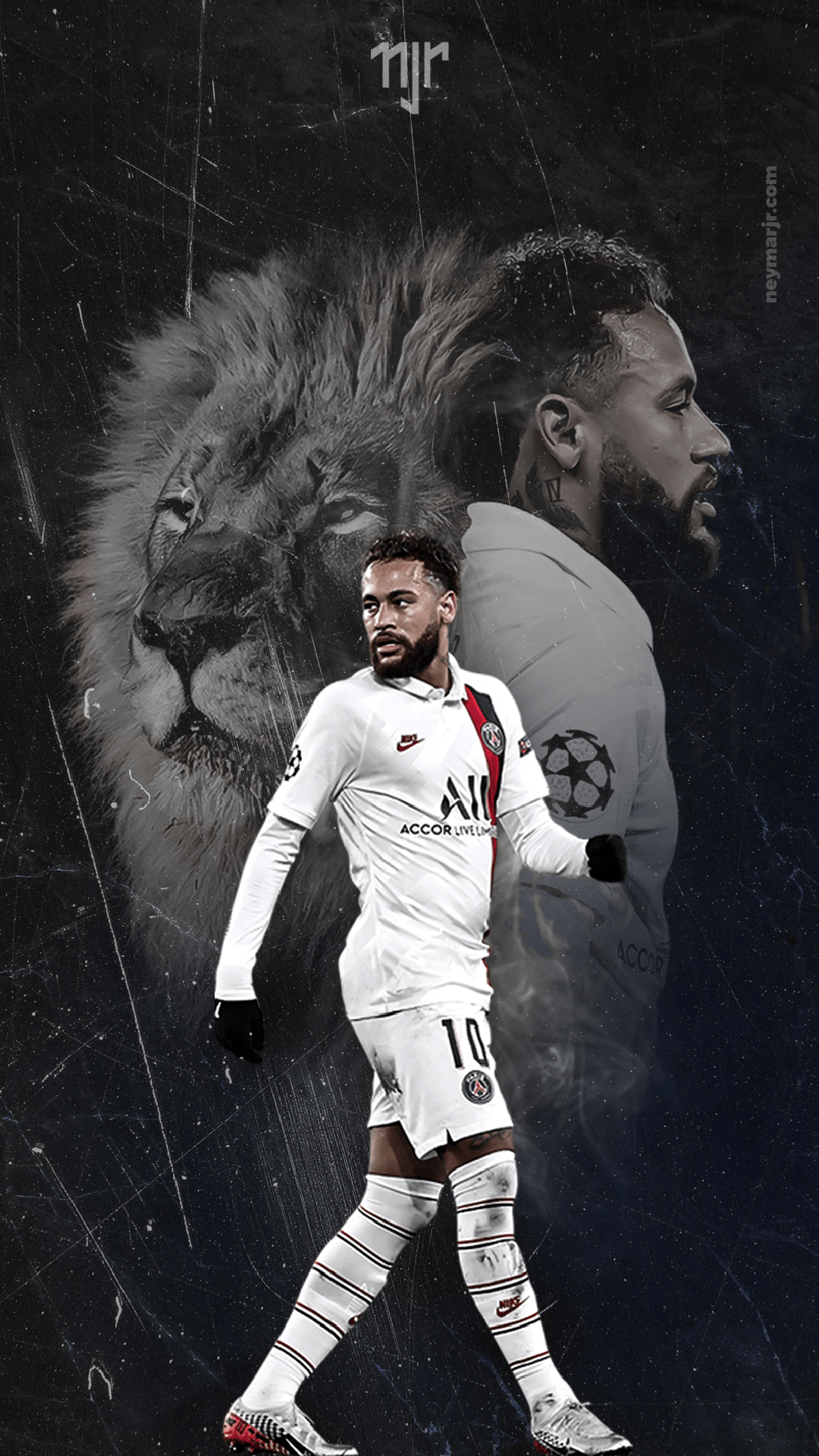 Neymar Jr. in a Paris Saint-Germain kit, walking on a football pitch, with a lion's face superimposed in the background