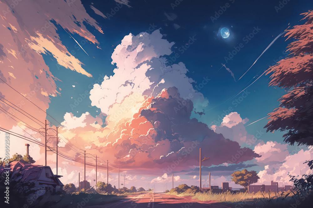 Sky With Beautiful Sunset Light Fantasy Anime Art Style
