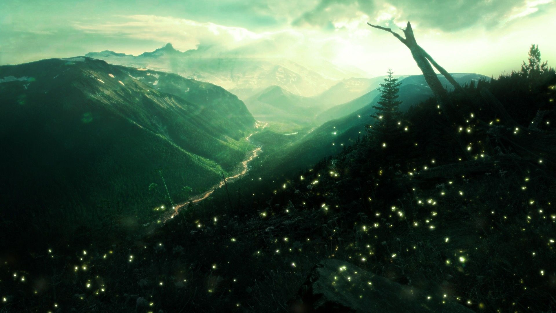 Valley Green Landscapes Mountains Insects Firefly Fireflies Sky