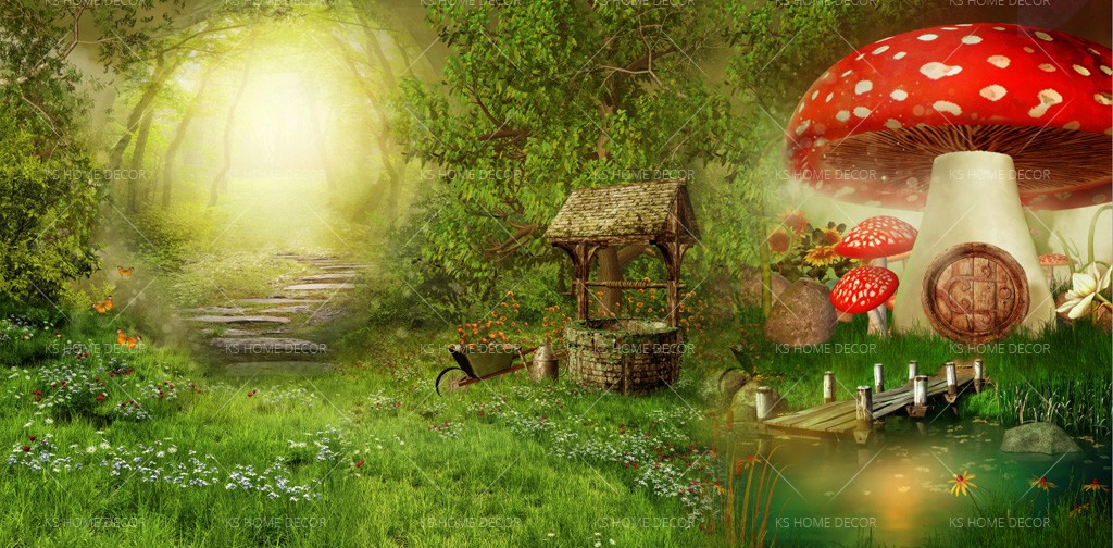 Fairytale Mushroom House Scene Character Mural B15463721