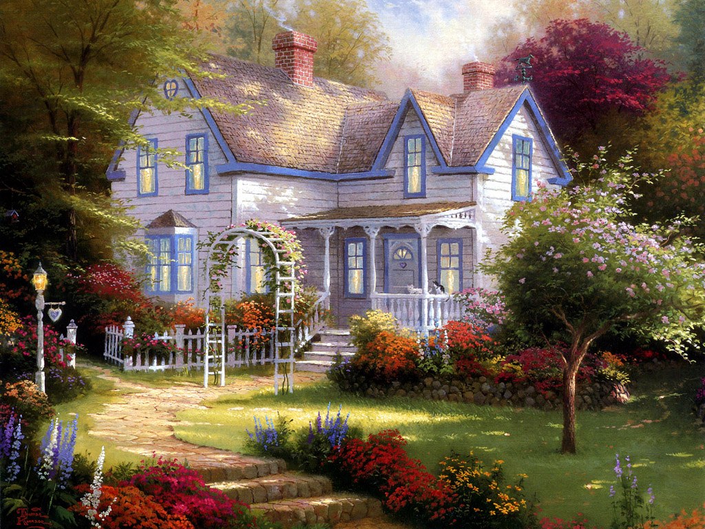 Charming Cottages Gardens Thomas Kinkade Art Painting Wallpaper