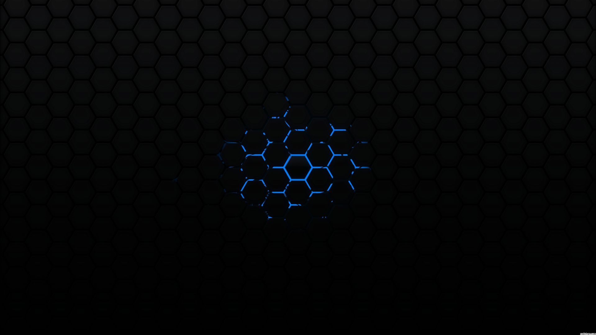 Dark honeycomb pattern with glowing blue accents wallpaper