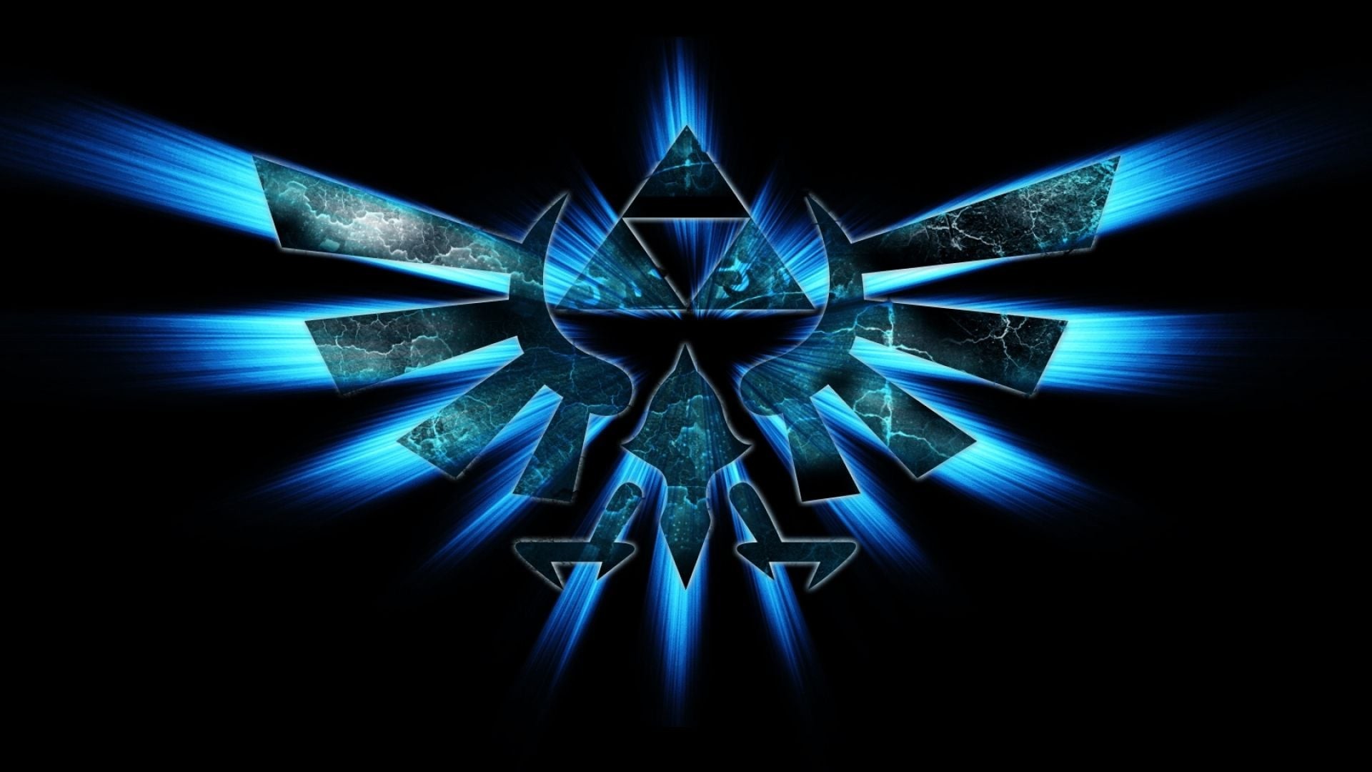 A vibrant, electric blue rendition of the Hylian Crest from the Legend of Zelda series, radiating with energy against a dark backdrop