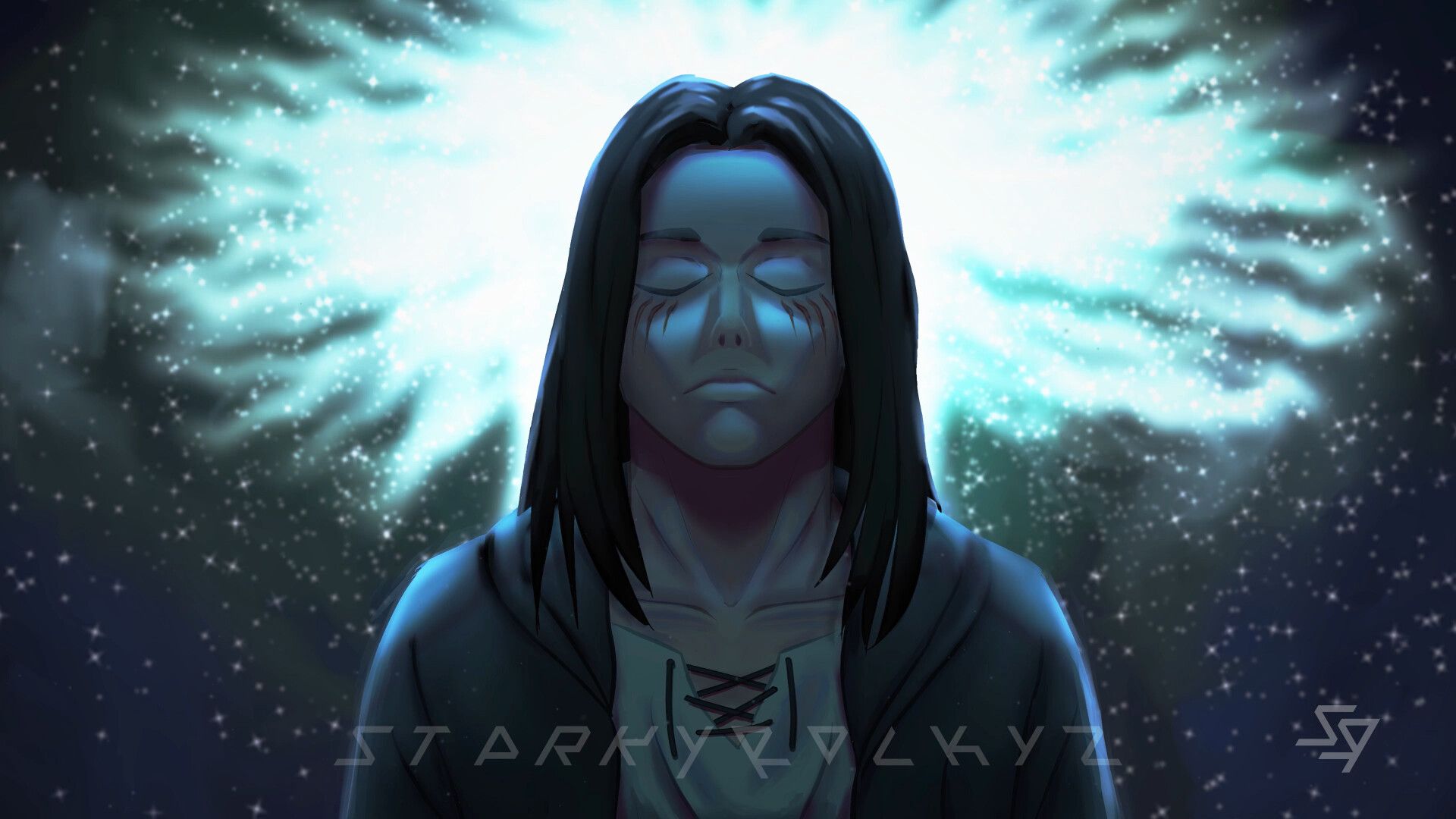 Eren Yeager in a meditative state with a cosmic background, from the anime Attack on Titan. 4k resolution