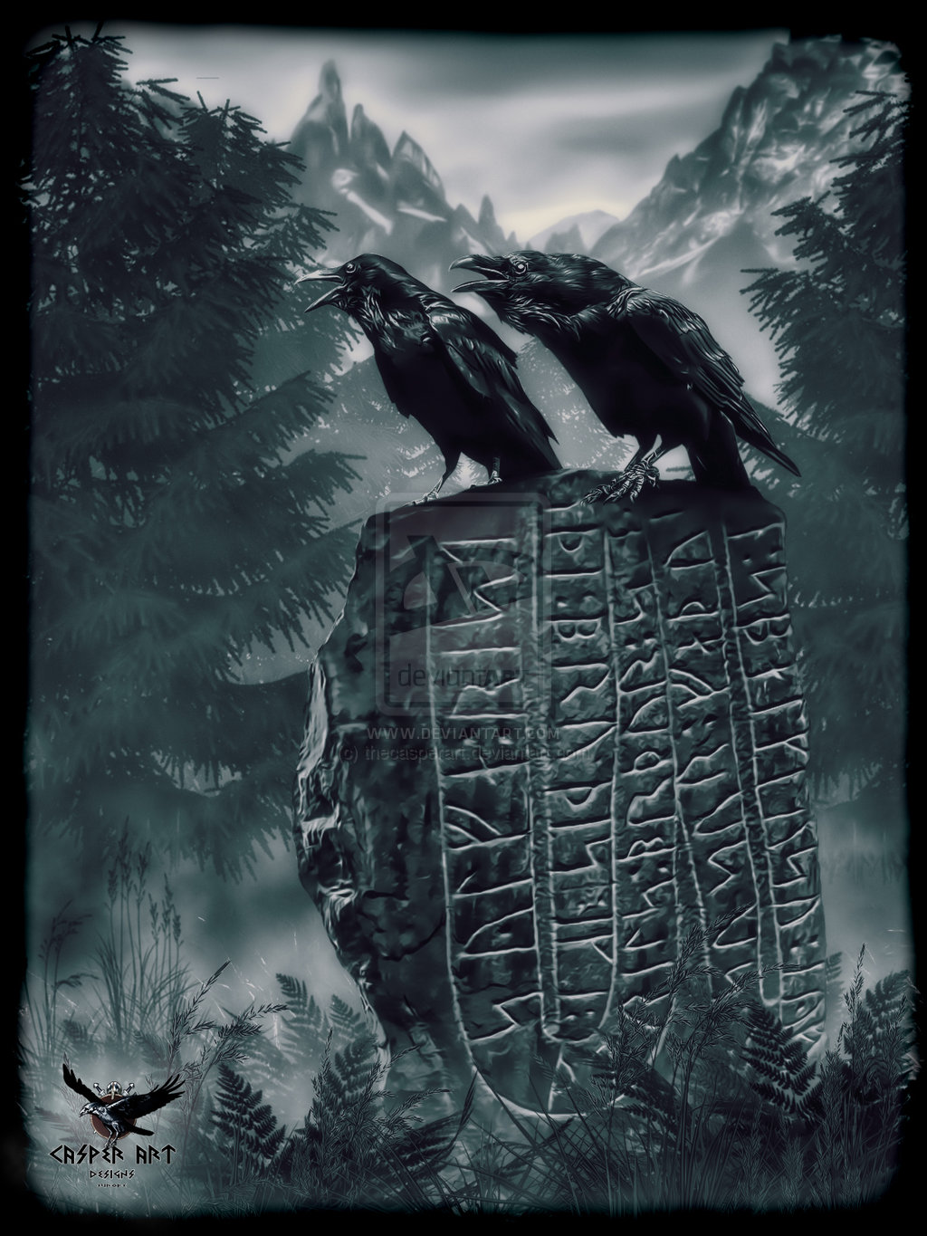 Huginn And Muninn On A Runestone By Thecasperart
