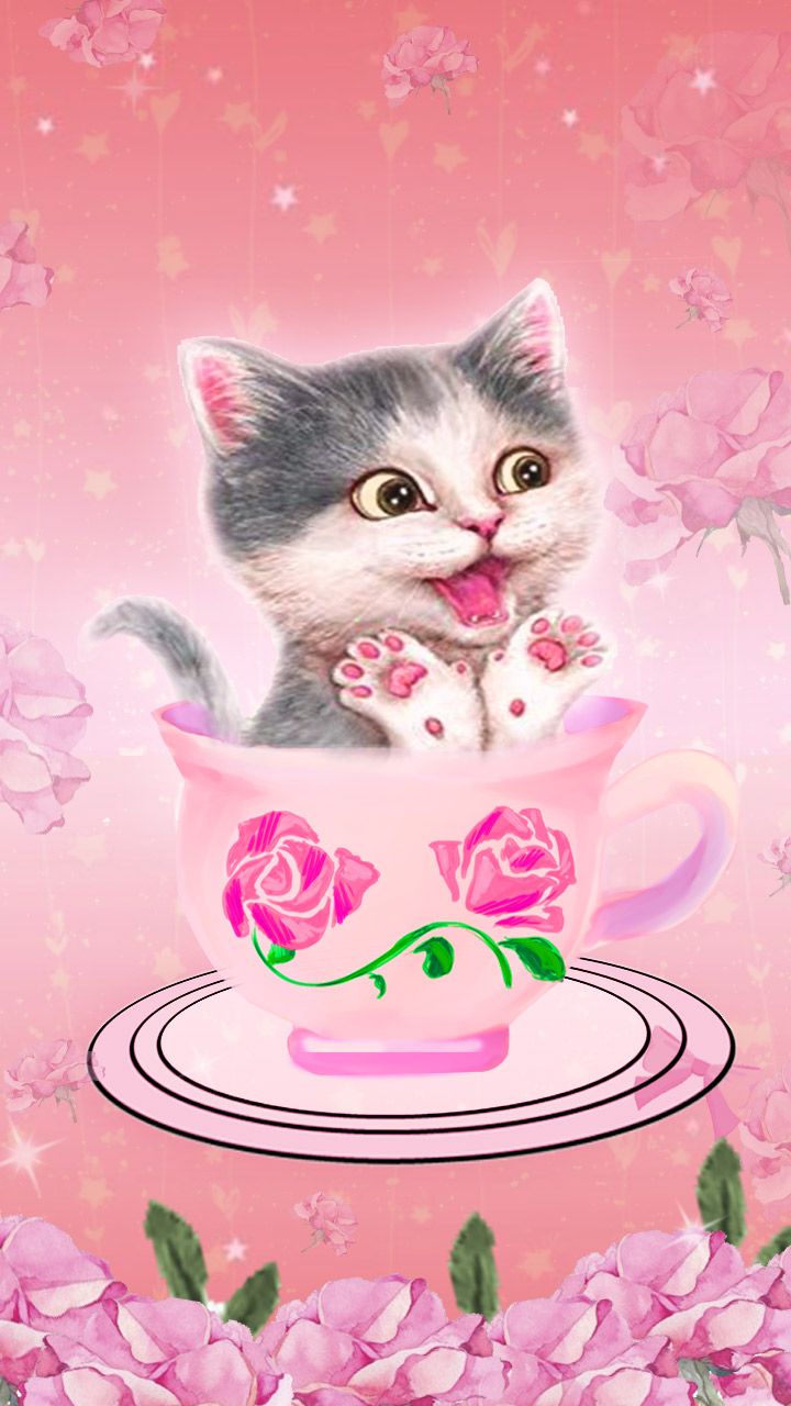 Kitty In A Cup Pink Cute Wallpaper Art Roses I