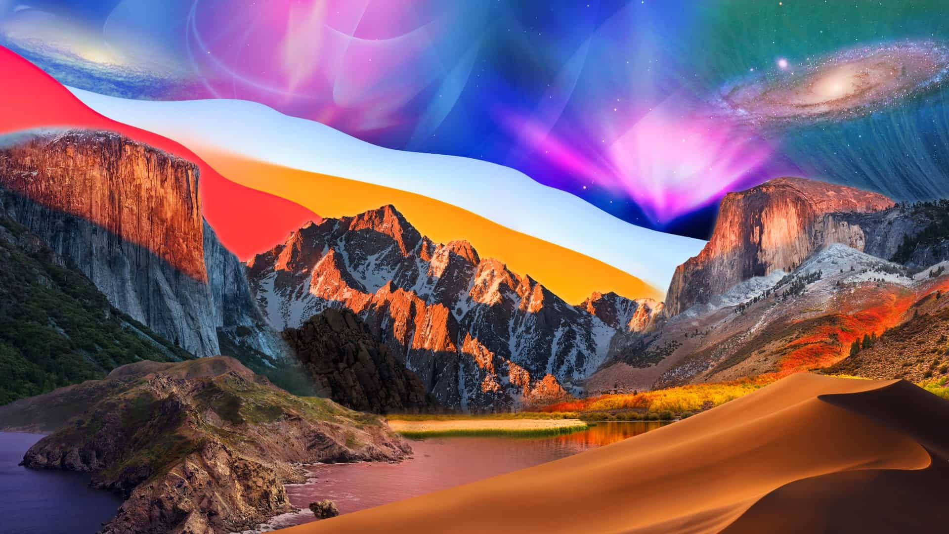 A vibrant collage of macOS wallpapers featuring mountains, deserts, and nebulae