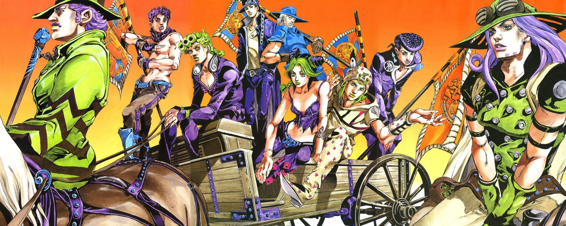 Group of characters from JoJo's Bizarre Adventure: Steel Ball Run, featuring Gyro Zeppeli, posed against a vibrant sunset background