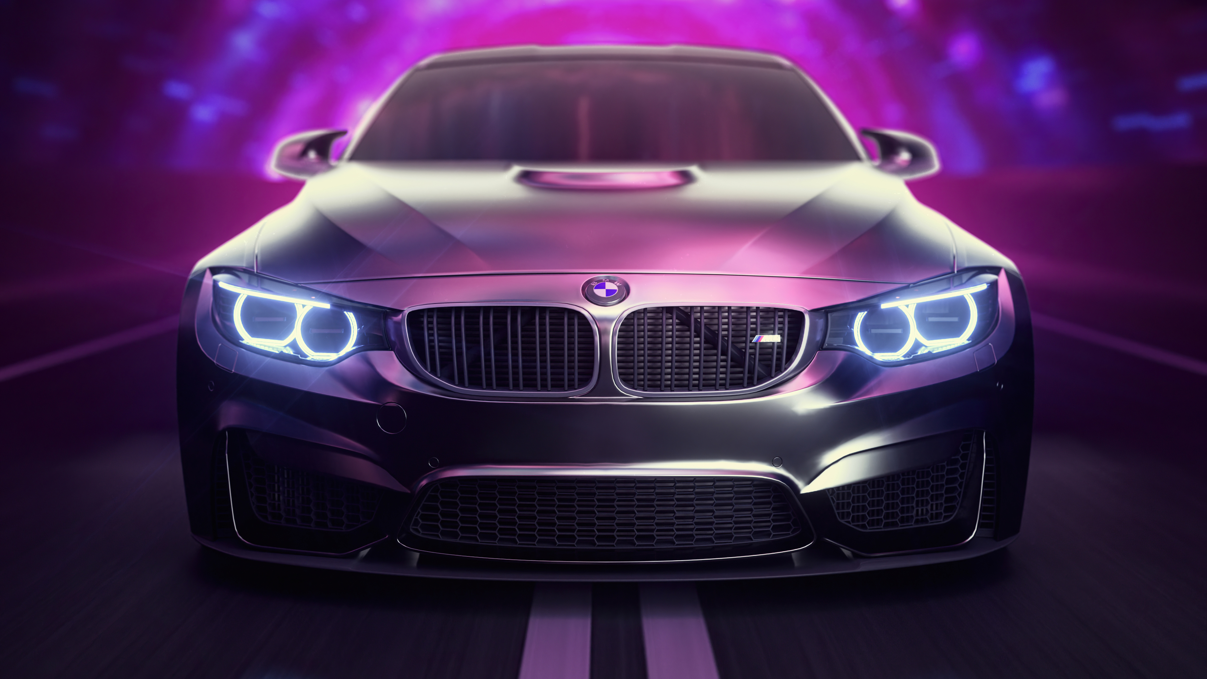 A sleek, modern BMW sports car with its headlights on, set against a vibrant purple and pink neon-lit background