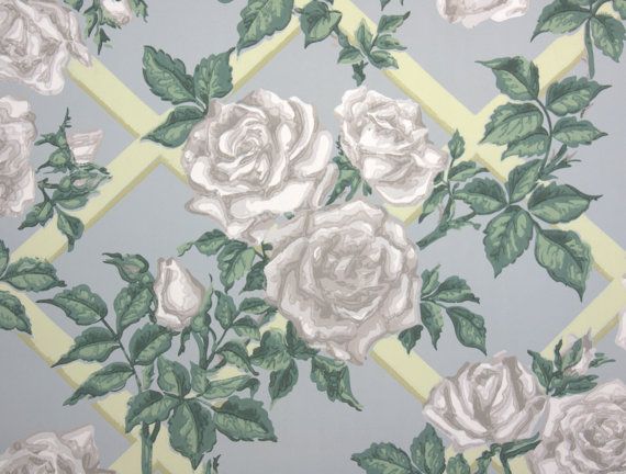 S Vintage Wallpaper White Cabbage Roses On Blue Background Yello