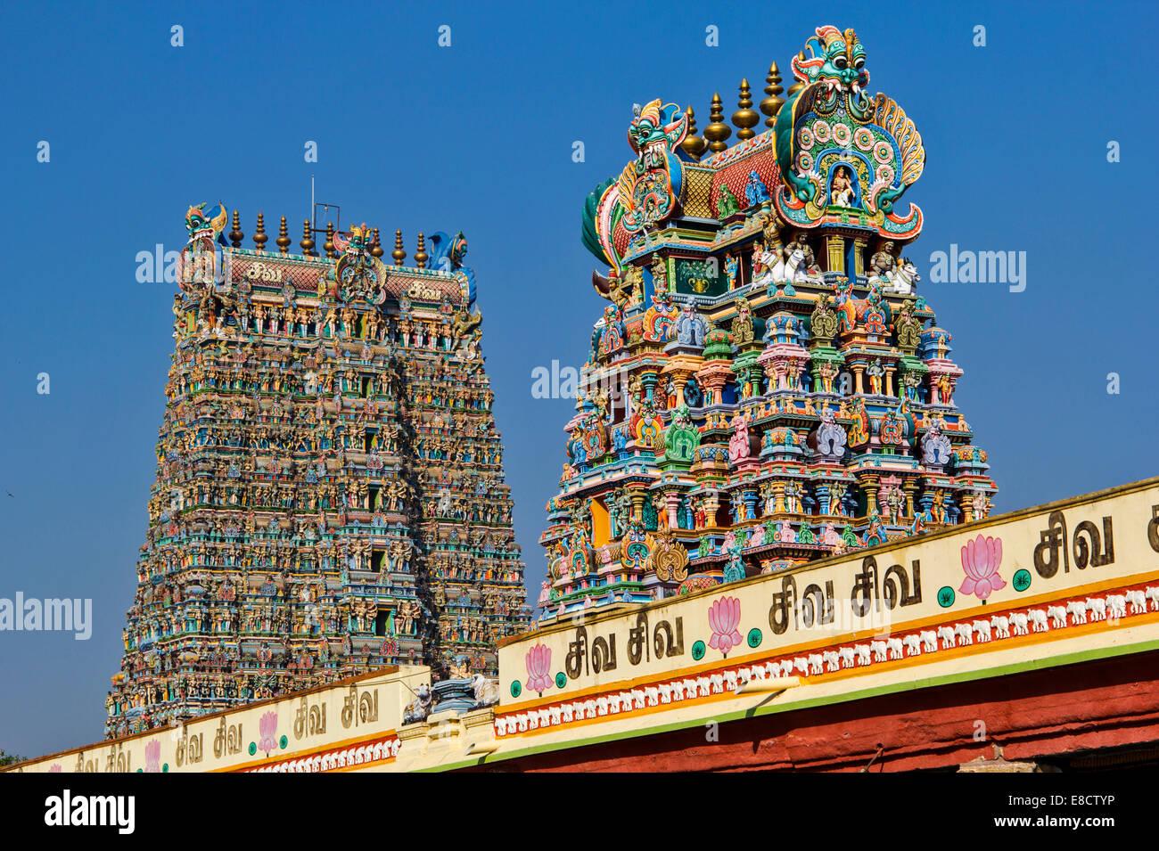 MEENAKSHI AMMAN TEMPLE MADURAI INDIA TWO OF THE HIGHLY DECORATED